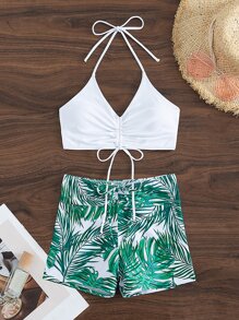 Tropical Print Drawstring Halter Bikini Set Summer Beach - White - View 3