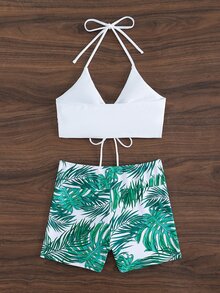 Tropical Print Drawstring Halter Bikini Set Summer Beach - White - View 4
