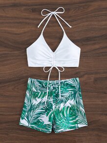 Tropical Print Drawstring Halter Bikini Set Summer Beach - White - View 6
