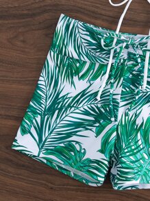 Tropical Print Drawstring Halter Bikini Set Summer Beach - White - View 7