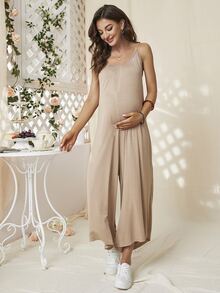 DEARCASE Maternity Solid Wide Leg Cami Jumpsuit - Khaki - View 3