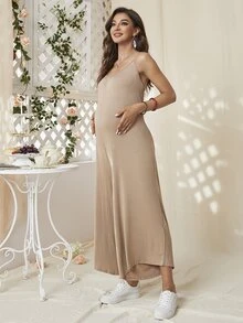 DEARCASE Maternity Solid Wide Leg Cami Jumpsuit - Khaki - View 4
