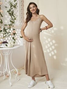DEARCASE Maternity Solid Wide Leg Cami Jumpsuit - Khaki - View 5