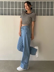 DAZY 條紋印花短版t恤 - 黑與白 - 查看 8