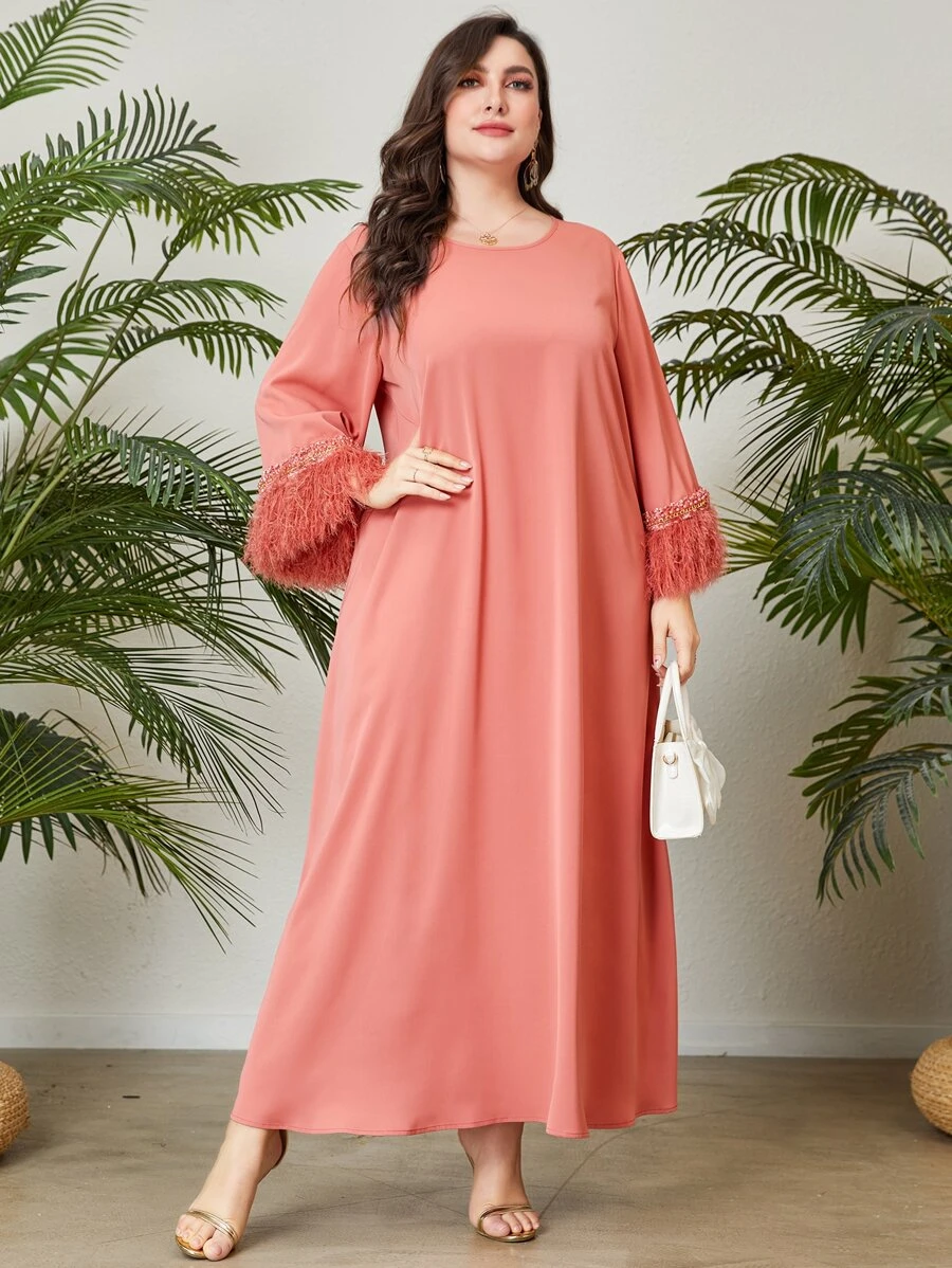 Al Najma Plus Fringe Trim Flounce Sleeve Tunic Dress - Coral Pink - View 1