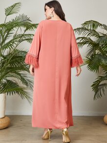 Al Najma Plus Fringe Trim Flounce Sleeve Tunic Dress - Coral Pink - View 2