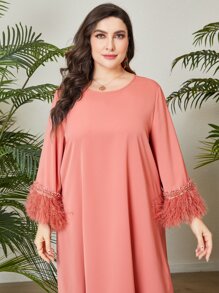 Al Najma Plus Fringe Trim Flounce Sleeve Tunic Dress - Coral Pink - View 3