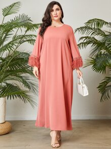 Al Najma Plus Fringe Trim Flounce Sleeve Tunic Dress - Coral Pink - View 4