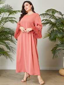 Al Najma Plus Fringe Trim Flounce Sleeve Tunic Dress - Coral Pink - View 5