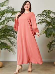 Al Najma Plus Fringe Trim Flounce Sleeve Tunic Dress - Coral Pink - View 6