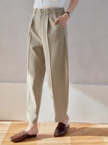 DAZY 素色斜口袋直筒九分西裝褲 - 杏色 - 查看 5