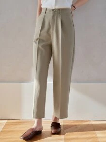 DAZY 素色斜口袋直筒九分西裝褲 - 杏色 - 查看 7