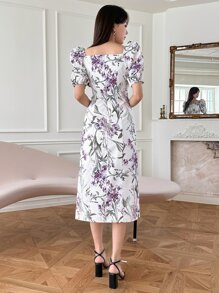 DAZY 印花方領泡泡袖高衩連衣裙 - 米色 - 查看 2