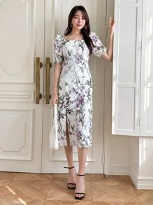 DAZY 印花方領泡泡袖高衩連衣裙 - 米色 - 查看 8