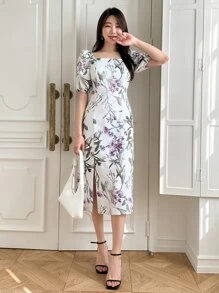 DAZY 印花方領泡泡袖高衩連衣裙 - 米色 - 查看 7