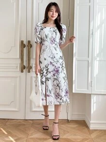 DAZY 印花方領泡泡袖高衩連衣裙 - 米色 - 查看 5