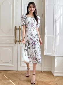 DAZY 印花方領泡泡袖高衩連衣裙 - 米色 - 查看 6