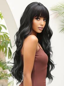 Natural Black Long Wavy Synthetic Wig With Bangs For Women Body Wave Dark Brown Wigs Cosplay Daily Hair Heat Resistant - 黑色 - 查看 4