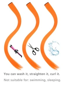 10片彩色夹式接发，20英寸直发合成假发，夹式假发片，适用于万圣节装扮、圣诞节、派对、音乐节、新年礼物，女士（红色） - 橘色 - 查看 6