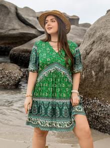 Rusttydustty Women's Purple Floral Print V-Neck Short Sleeve Short Dress Boho Easter Beach Outfits Hawaii Music Festival Tropical Vacation - Multicolor - View 3