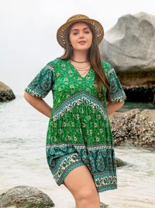 Rusttydustty Women's Purple Floral Print V-Neck Short Sleeve Short Dress Boho Easter Beach Outfits Hawaii Music Festival Tropical Vacation - Multicolor - View 4