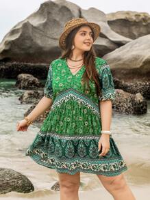 Rusttydustty Women's Purple Floral Print V-Neck Short Sleeve Short Dress Boho Easter Beach Outfits Hawaii Music Festival Tropical Vacation - Multicolor - View 6