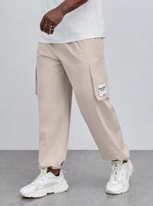 EASEVO Men Letter Graphic Flap Pocket Side Drawstring Waist Cargo Trousers - Beige - View 1