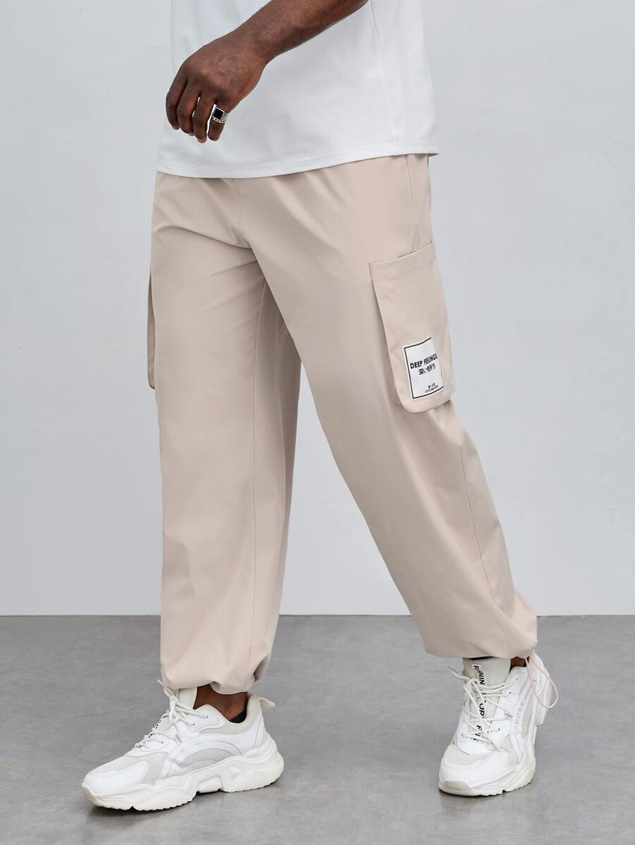 EASEVO Men Letter Graphic Flap Pocket Side Drawstring Waist Cargo Trousers - Beige - View 1