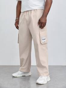 EASEVO Men Letter Graphic Flap Pocket Side Drawstring Waist Cargo Trousers - Beige - View 3