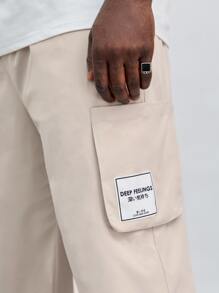 EASEVO Men Letter Graphic Flap Pocket Side Drawstring Waist Cargo Trousers - Beige - View 6