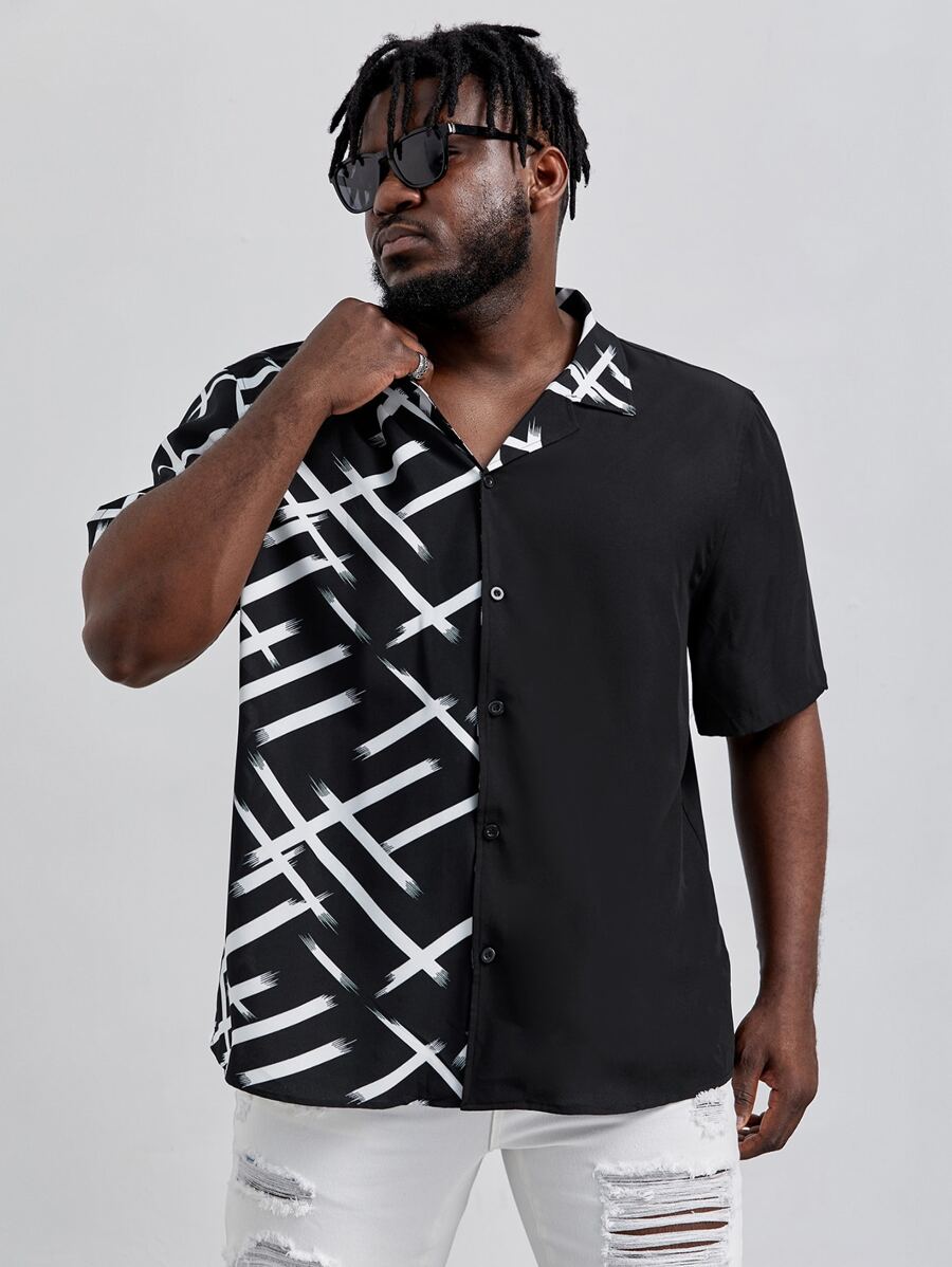 EASEVO Men Plus Size Contrast Graphic Print Short Sleeve Shirt - Black and White - View 1