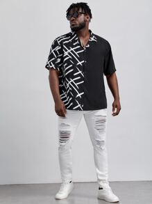 EASEVO Men Plus Size Contrast Graphic Print Short Sleeve Shirt - Black and White - View 3
