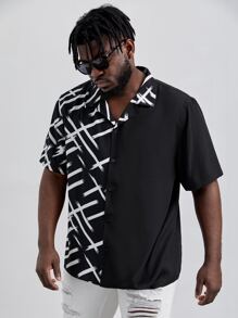EASEVO Men Plus Size Contrast Graphic Print Short Sleeve Shirt - Black and White - View 4