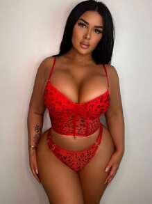 Plus Leopard Print Underwire Lingerie Set - Red - View 1
