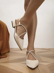 Mujer Zapatos planos destalonados con diseño de diamante de imitación de punta atractivo de satén - Albaricoque - Ver 2