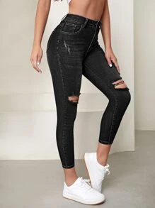 SHEIN Essnce 破洞貓抓緊身牛仔褲 - 黑色 - 查看 1