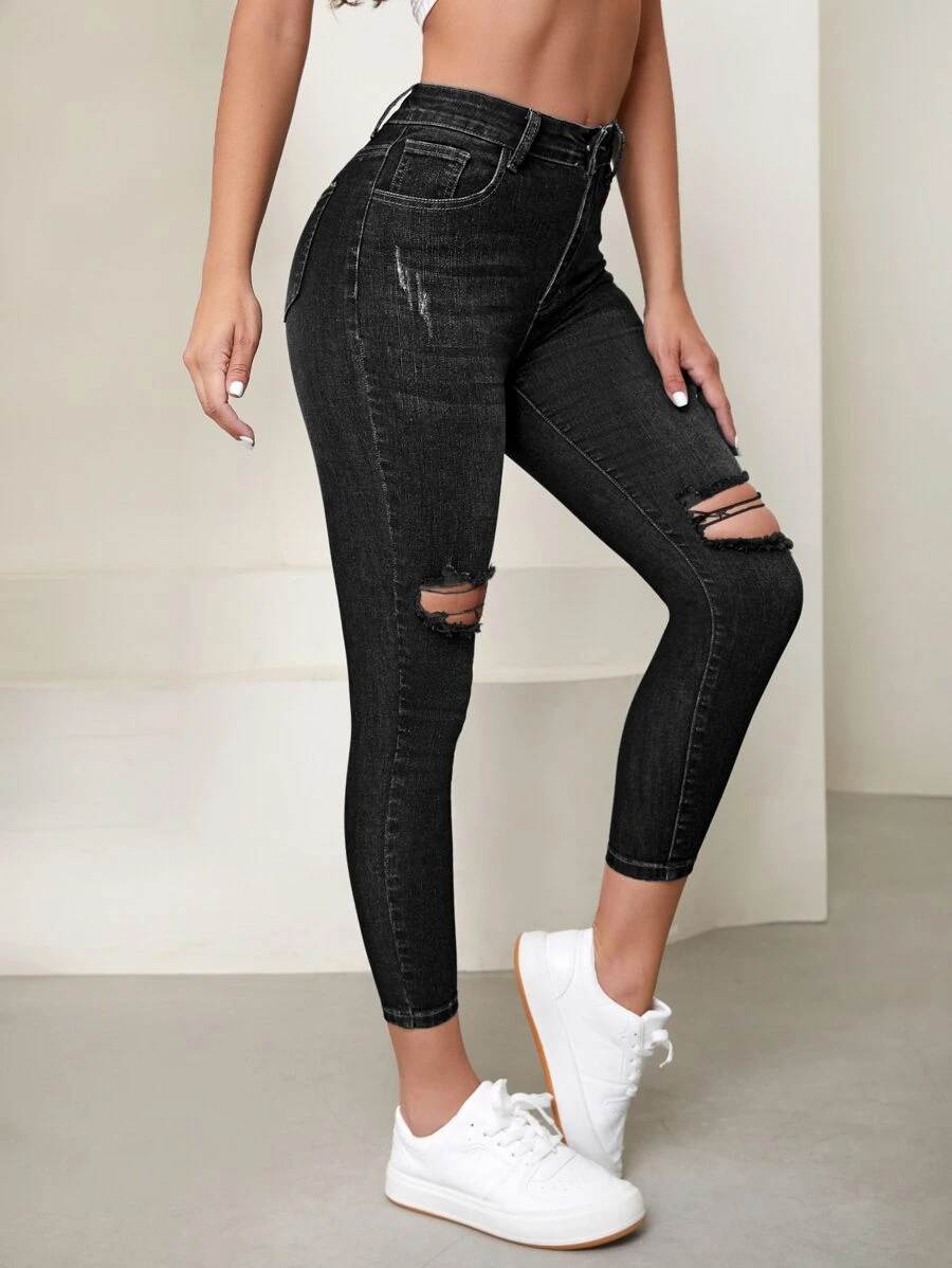SHEIN Essnce 破洞貓抓緊身牛仔褲 - 黑色 - 查看 1