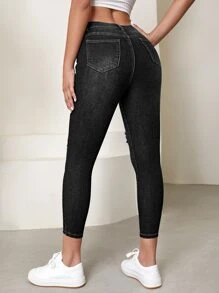 SHEIN Essnce 破洞貓抓緊身牛仔褲 - 黑色 - 查看 2