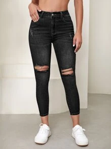 SHEIN Essnce 破洞貓抓緊身牛仔褲 - 黑色 - 查看 5