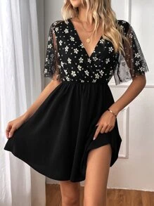 SHEIN Clasi 印花網紗拼接蝴蝶袖連衣裙 - 黑色 - 查看 3