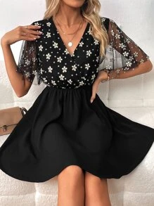 SHEIN Clasi 印花網紗拼接蝴蝶袖連衣裙 - 黑色 - 查看 4