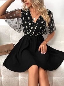 SHEIN Clasi 印花網紗拼接蝴蝶袖連衣裙 - 黑色 - 查看 6