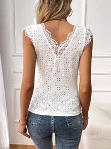 SHEIN Privé 蕾絲拼接網眼刺繡T恤 - 白色 - 查看 5