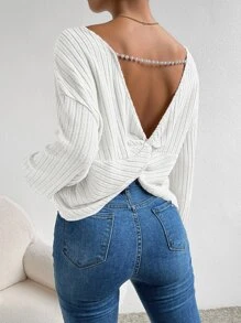 SHEIN Frenchy Twist Back Pearls Chain Drop Shoulder Tee Winter White
