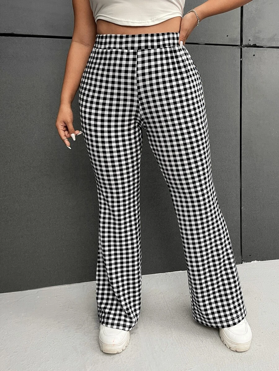 SHEIN EZwear Plus Gingham Print Flare Leg Trousers - Black and White - View 1