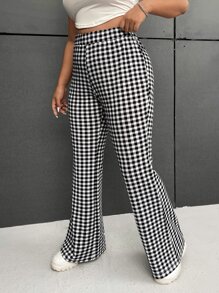 SHEIN EZwear Plus Gingham Print Flare Leg Trousers - Black and White - View 3