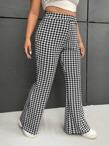 SHEIN EZwear Plus Gingham Print Flare Leg Trousers - Black and White - View 4