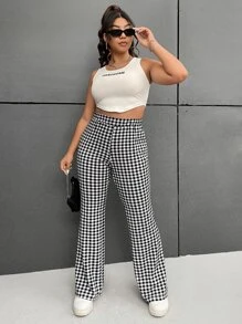 SHEIN EZwear Plus Gingham Print Flare Leg Trousers - Black and White - View 5