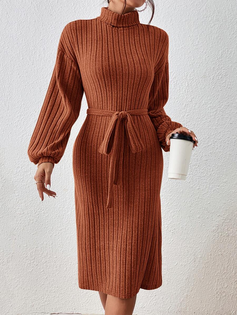 SHEIN Privé Đầm Thắt lưng màu trơn Giải trí - màu nâu - Xem 1