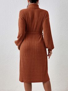 SHEIN Privé Đầm Thắt lưng màu trơn Giải trí - màu nâu - Xem 2